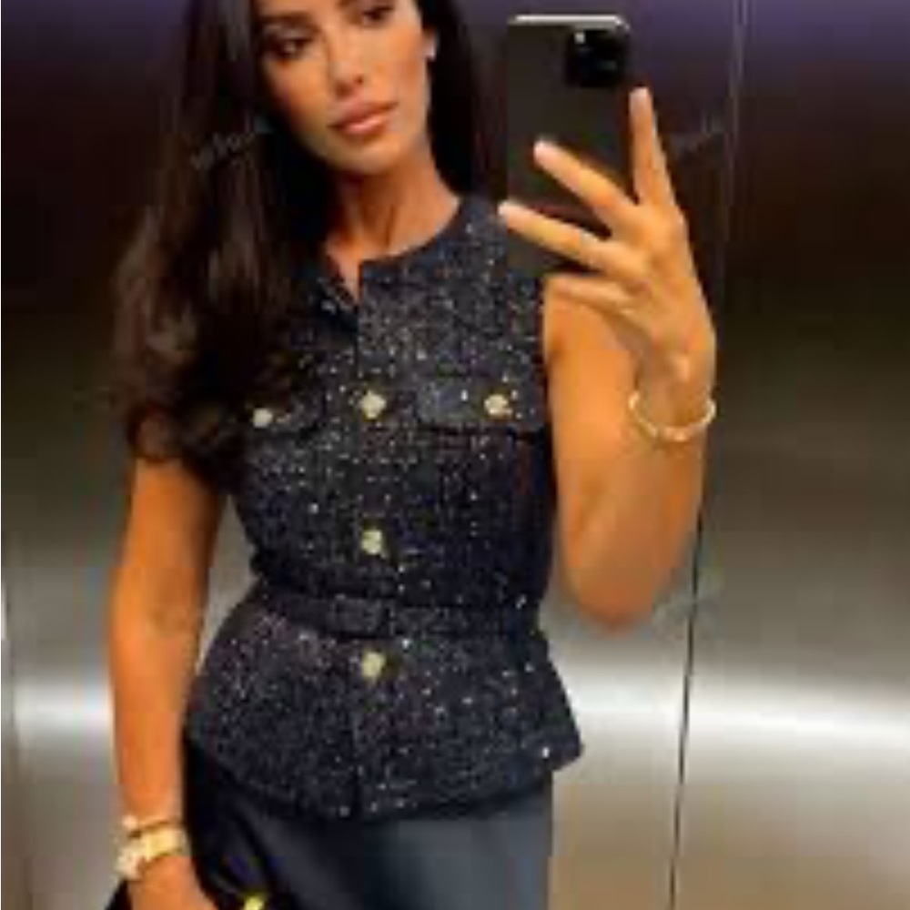 Zara Navy Sparkle Tweed Sleeveless Top with Gold Buttons - Picture 3 of 5